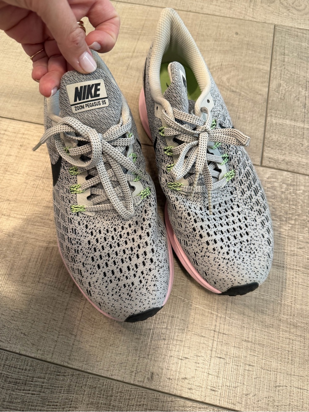 Nike Women's Zoom Pegasus 35 Running Shoes - Gray with Pink & Green Accents